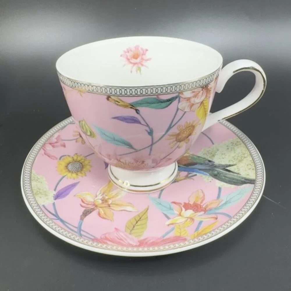 Shabby Chic‎ Fine Porcelain Teacup And Saucer Set Tea Cup Plate Pink Floral Bird